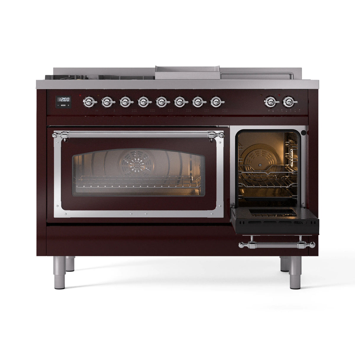 ILVE Nostalgie II Noblesse 48-Inch Natural Gas Dual Fuel Range with 5 Burners, Griddle, & French Top with Triple Glass Door Oven in Burgundy with Chrome Trim (UN48FSNMPBUC)