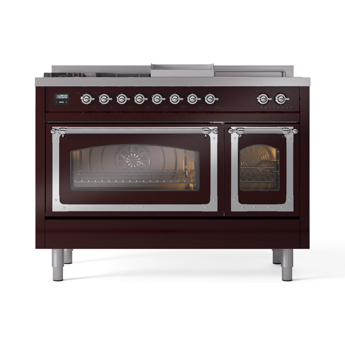 ILVE Nostalgie II Noblesse 48-Inch Propane Gas Dual Fuel Range with 5 Burners, Griddle, & French Top with Triple Glass Door Oven in Burgundy with Chrome Trim (UN48FSNMPBUCLP)
