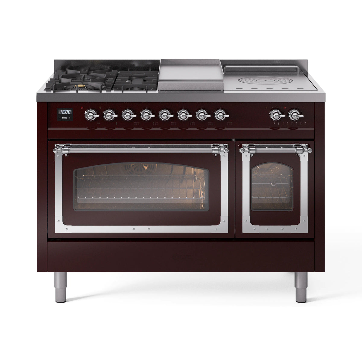 ILVE Nostalgie II Noblesse 48-Inch Natural Gas Dual Fuel Range with 5 Burners, Griddle, & French Top with Triple Glass Door Oven in Burgundy with Chrome Trim (UN48FSNMPBUC)