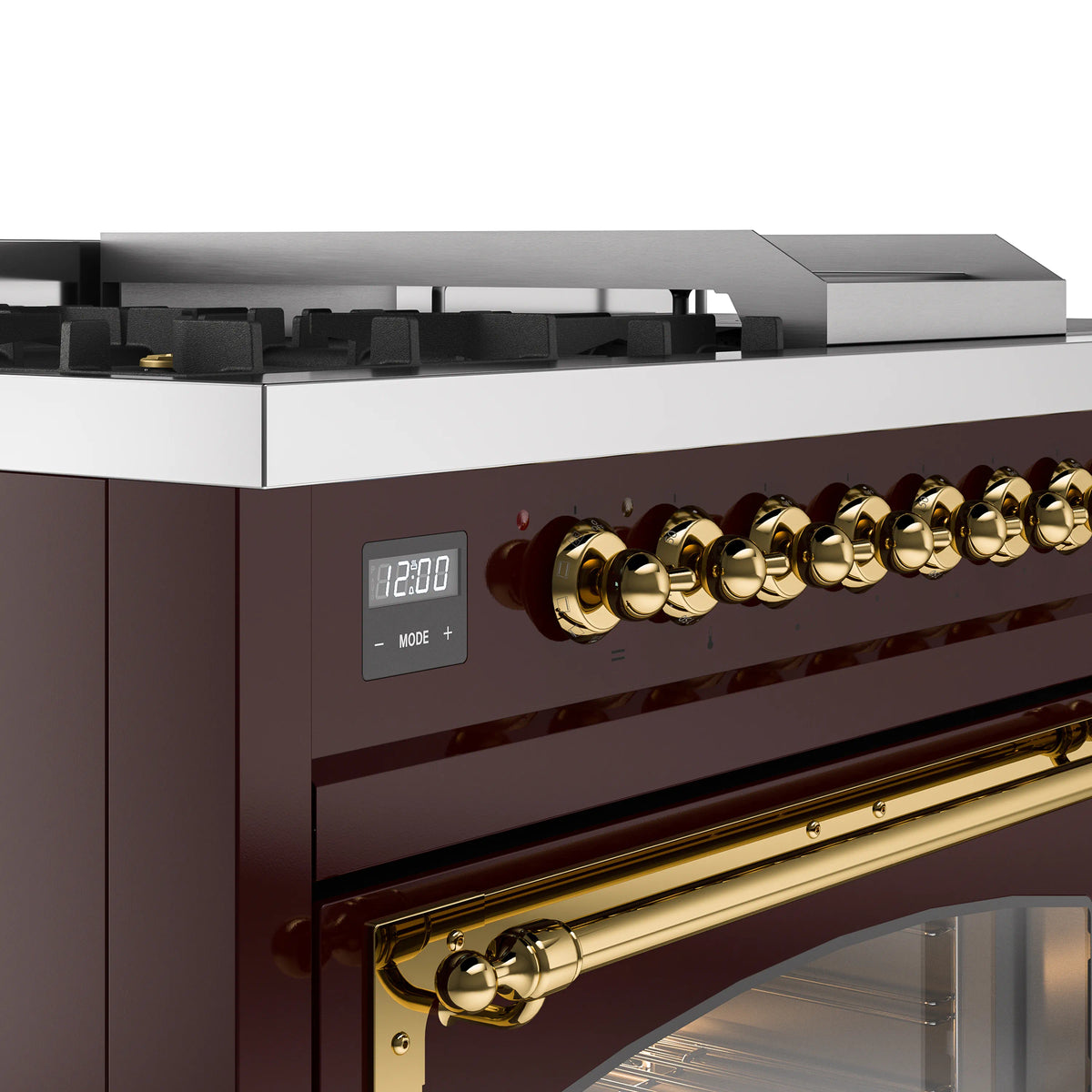 ILVE Nostalgie II Noblesse 48-Inch Propane Gas Dual Fuel Range with 5 Burners, Griddle, & French Top with Triple Glass Door Oven in Burgundy with Brass Trim (UN48FSNMPBUGLP)