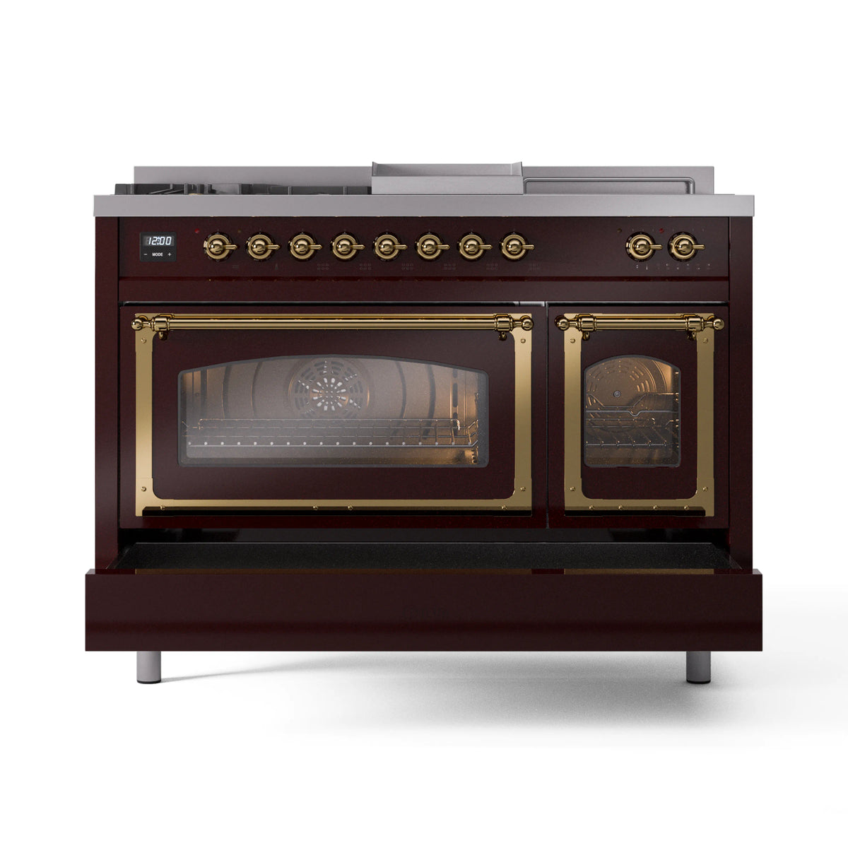 ILVE Nostalgie II Noblesse 48-Inch Propane Gas Dual Fuel Range with 5 Burners, Griddle, & French Top with Triple Glass Door Oven in Burgundy with Brass Trim (UN48FSNMPBUGLP)