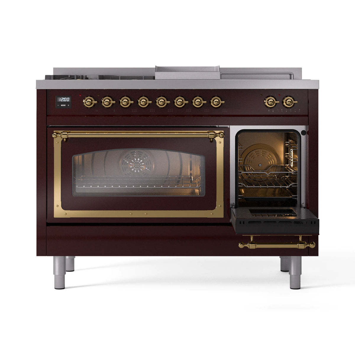 ILVE Nostalgie II Noblesse 48-Inch Natural Gas Dual Fuel Range with 5 Burners, Griddle, & French Top with Triple Glass Door Oven in Burgundy with Brass Trim (UN48FSNMPBUG)