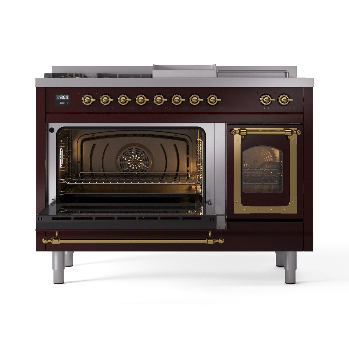ILVE Nostalgie II Noblesse 48-Inch Propane Gas Dual Fuel Range with 5 Burners, Griddle, & French Top with Triple Glass Door Oven in Burgundy with Brass Trim (UN48FSNMPBUGLP)