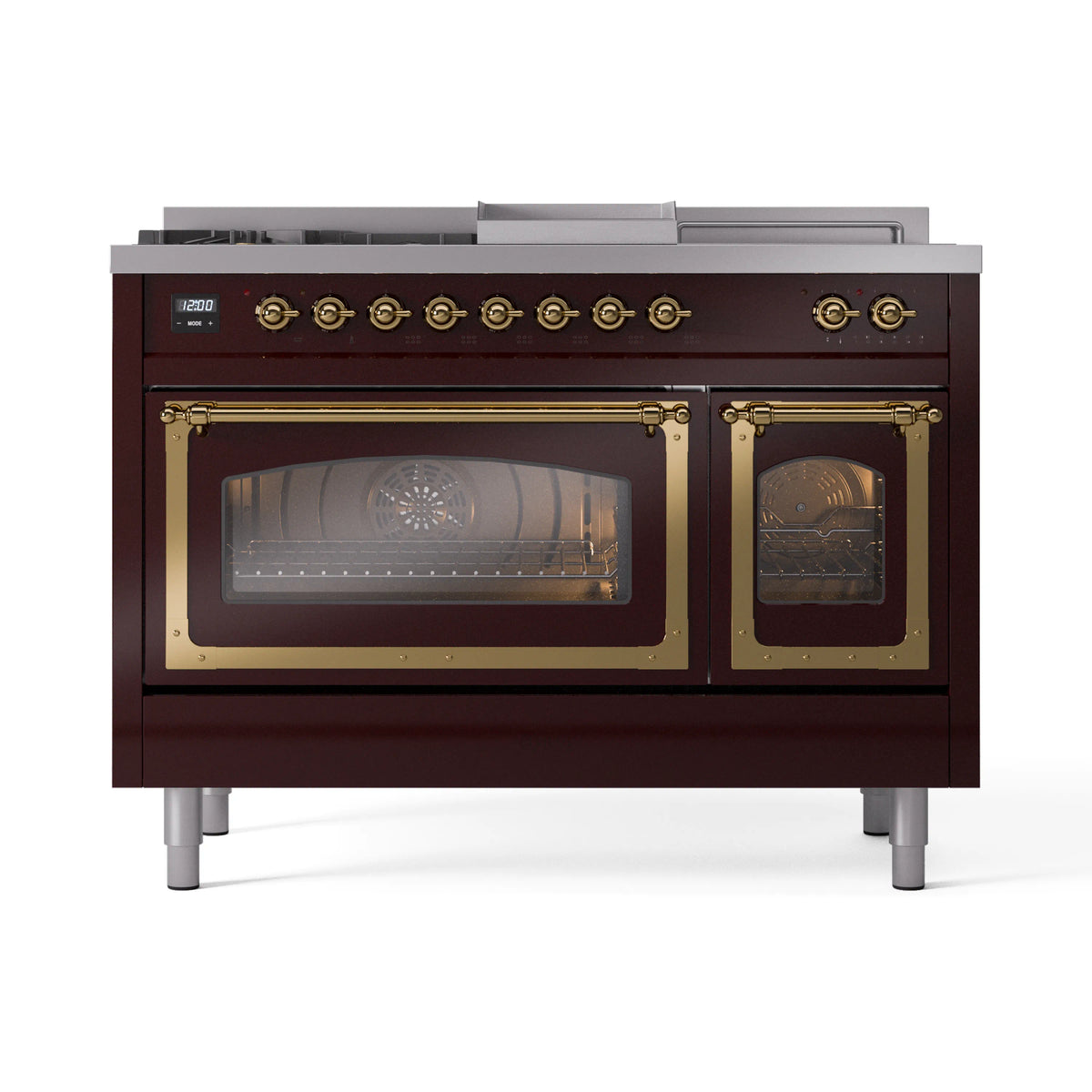 ILVE Nostalgie II Noblesse 48-Inch Propane Gas Dual Fuel Range with 5 Burners, Griddle, & French Top with Triple Glass Door Oven in Burgundy with Brass Trim (UN48FSNMPBUGLP)