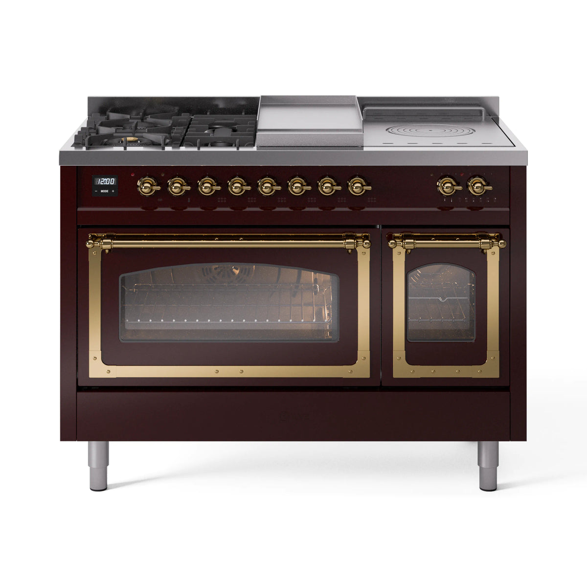 ILVE Nostalgie II Noblesse 48-Inch Natural Gas Dual Fuel Range with 5 Burners, Griddle, & French Top with Triple Glass Door Oven in Burgundy with Brass Trim (UN48FSNMPBUG)