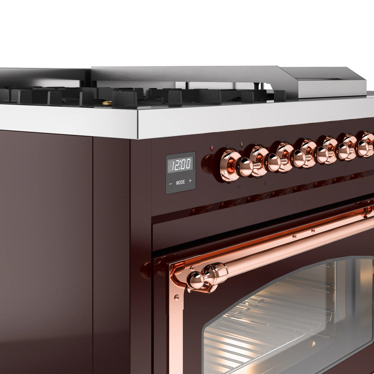 ILVE Nostalgie II Noblesse 48-Inch Propane Gas Dual Fuel Range with 5 Burners, Griddle, & French Top with Triple Glass Door Oven in Burgundy with Copper Trim (UN48FSNMPBUPLP)