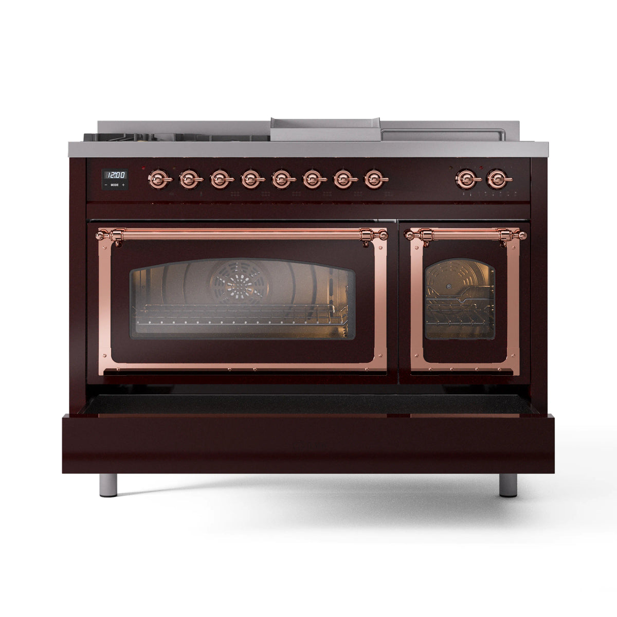 ILVE Nostalgie II Noblesse 48-Inch Natural Gas Dual Fuel Range with 5 Burners, Griddle, & French Top with Triple Glass Door Oven in Burgundy with Copper Trim (UN48FSNMPBUP)