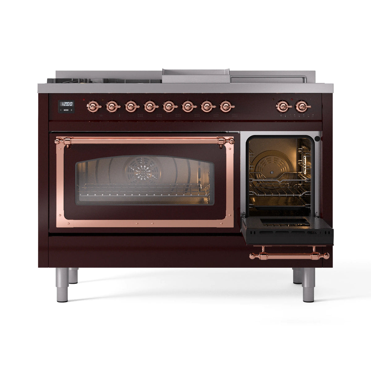 ILVE Nostalgie II Noblesse 48-Inch Propane Gas Dual Fuel Range with 5 Burners, Griddle, & French Top with Triple Glass Door Oven in Burgundy with Copper Trim (UN48FSNMPBUPLP)