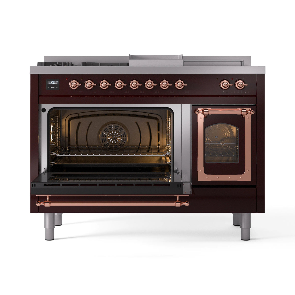 ILVE Nostalgie II Noblesse 48-Inch Propane Gas Dual Fuel Range with 5 Burners, Griddle, & French Top with Triple Glass Door Oven in Burgundy with Copper Trim (UN48FSNMPBUPLP)