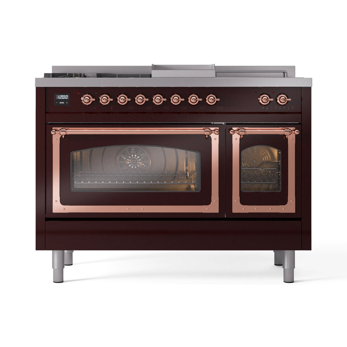 ILVE Nostalgie II Noblesse 48-Inch Propane Gas Dual Fuel Range with 5 Burners, Griddle, & French Top with Triple Glass Door Oven in Burgundy with Copper Trim (UN48FSNMPBUPLP)