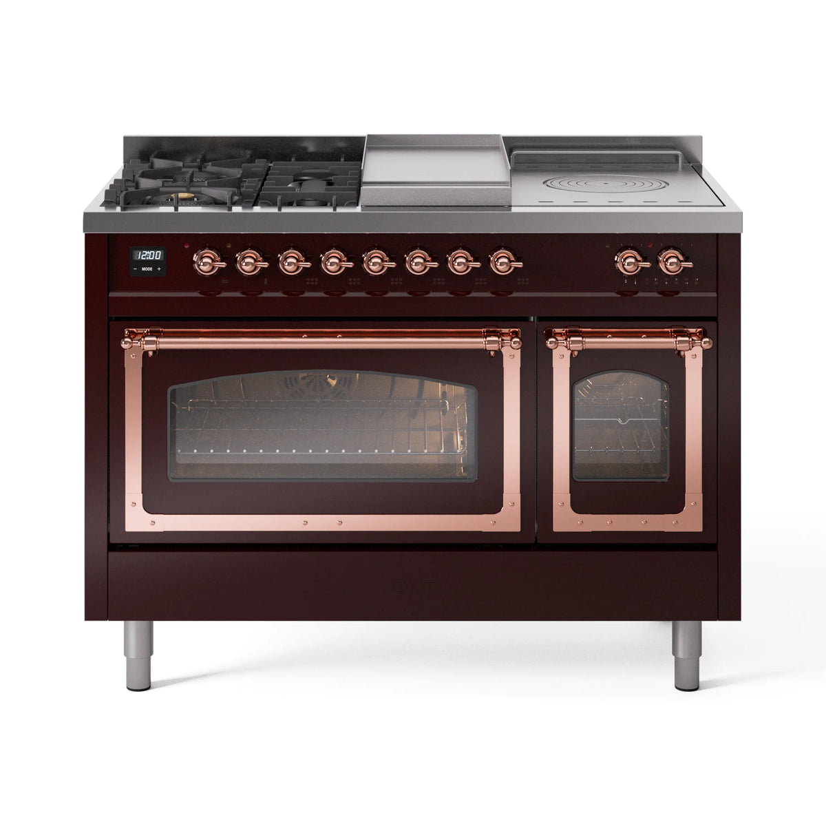 ILVE Nostalgie II Noblesse 48-Inch Propane Gas Dual Fuel Range with 5 Burners, Griddle, & French Top with Triple Glass Door Oven in Burgundy with Copper Trim (UN48FSNMPBUPLP)