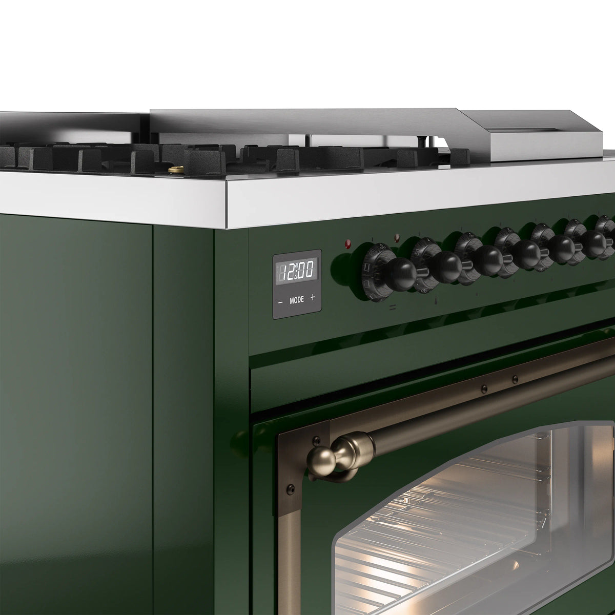 ILVE Nostalgie II Noblesse 48-Inch Propane Gas Dual Fuel Range with 5 Burners, Griddle, & French Top with Triple Glass Door Oven in Emerald Green with Burnished Bronze Trim (UN48FSNMPEGBLP)