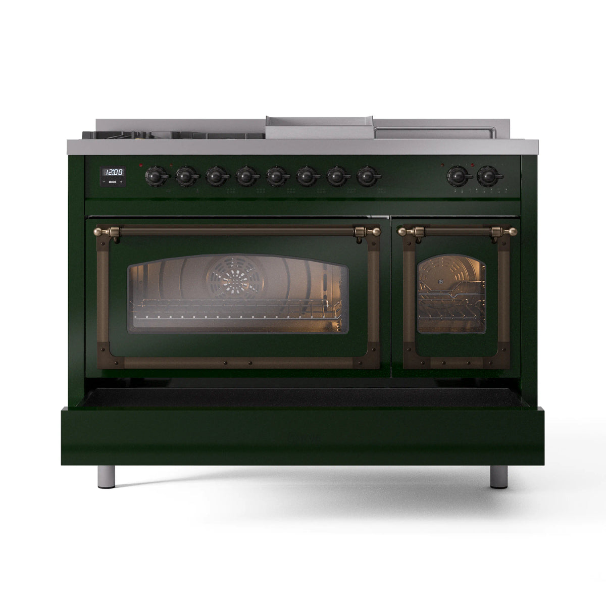 ILVE Nostalgie II Noblesse 48-Inch Propane Gas Dual Fuel Range with 5 Burners, Griddle, & French Top with Triple Glass Door Oven in Emerald Green with Burnished Bronze Trim (UN48FSNMPEGBLP)