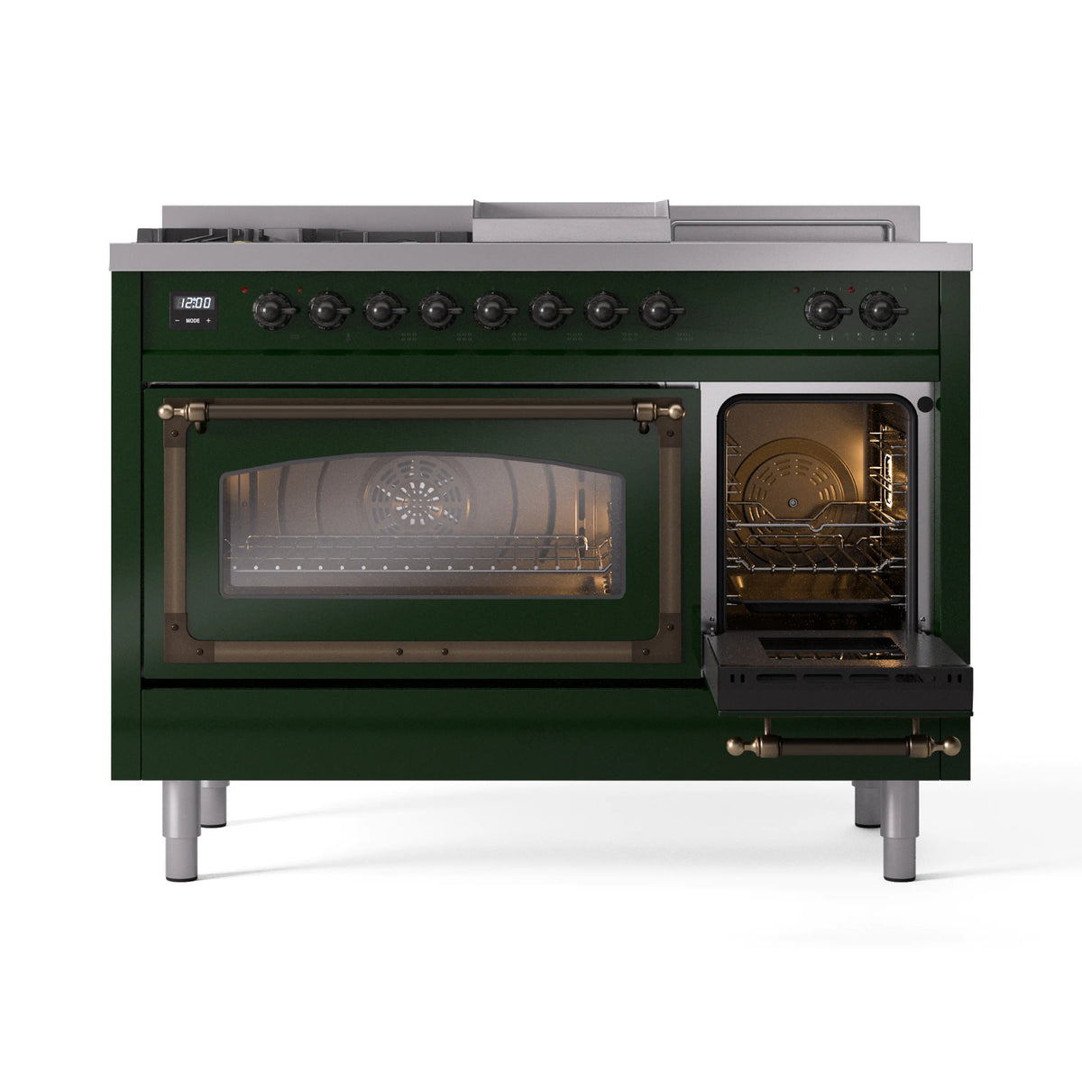 ILVE Nostalgie II Noblesse 48-Inch Propane Gas Dual Fuel Range with 5 Burners, Griddle, & French Top with Triple Glass Door Oven in Emerald Green with Burnished Bronze Trim (UN48FSNMPEGBLP)