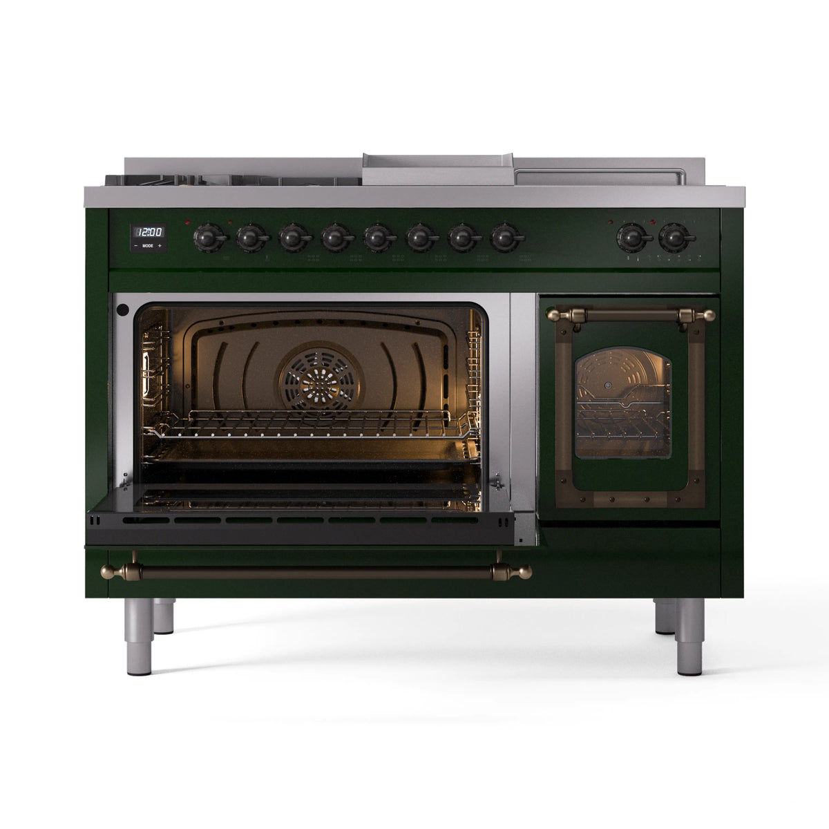 ILVE Nostalgie II Noblesse 48-Inch Propane Gas Dual Fuel Range with 5 Burners, Griddle, & French Top with Triple Glass Door Oven in Emerald Green with Burnished Bronze Trim (UN48FSNMPEGBLP)