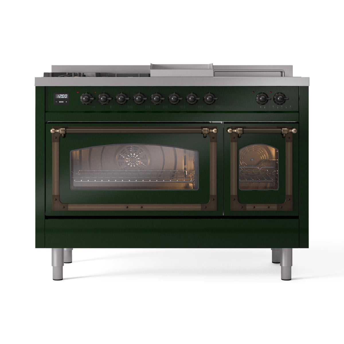 ILVE Nostalgie II Noblesse 48-Inch Propane Gas Dual Fuel Range with 5 Burners, Griddle, & French Top with Triple Glass Door Oven in Emerald Green with Burnished Bronze Trim (UN48FSNMPEGBLP)