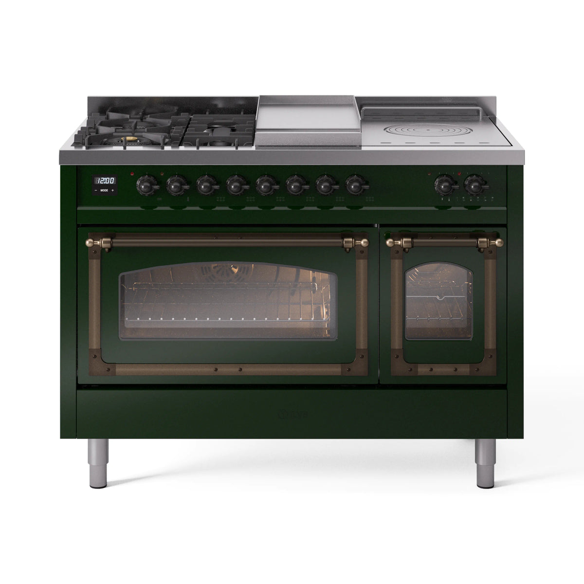 ILVE Nostalgie II Noblesse 48-Inch Propane Gas Dual Fuel Range with 5 Burners, Griddle, & French Top with Triple Glass Door Oven in Emerald Green with Burnished Bronze Trim (UN48FSNMPEGBLP)