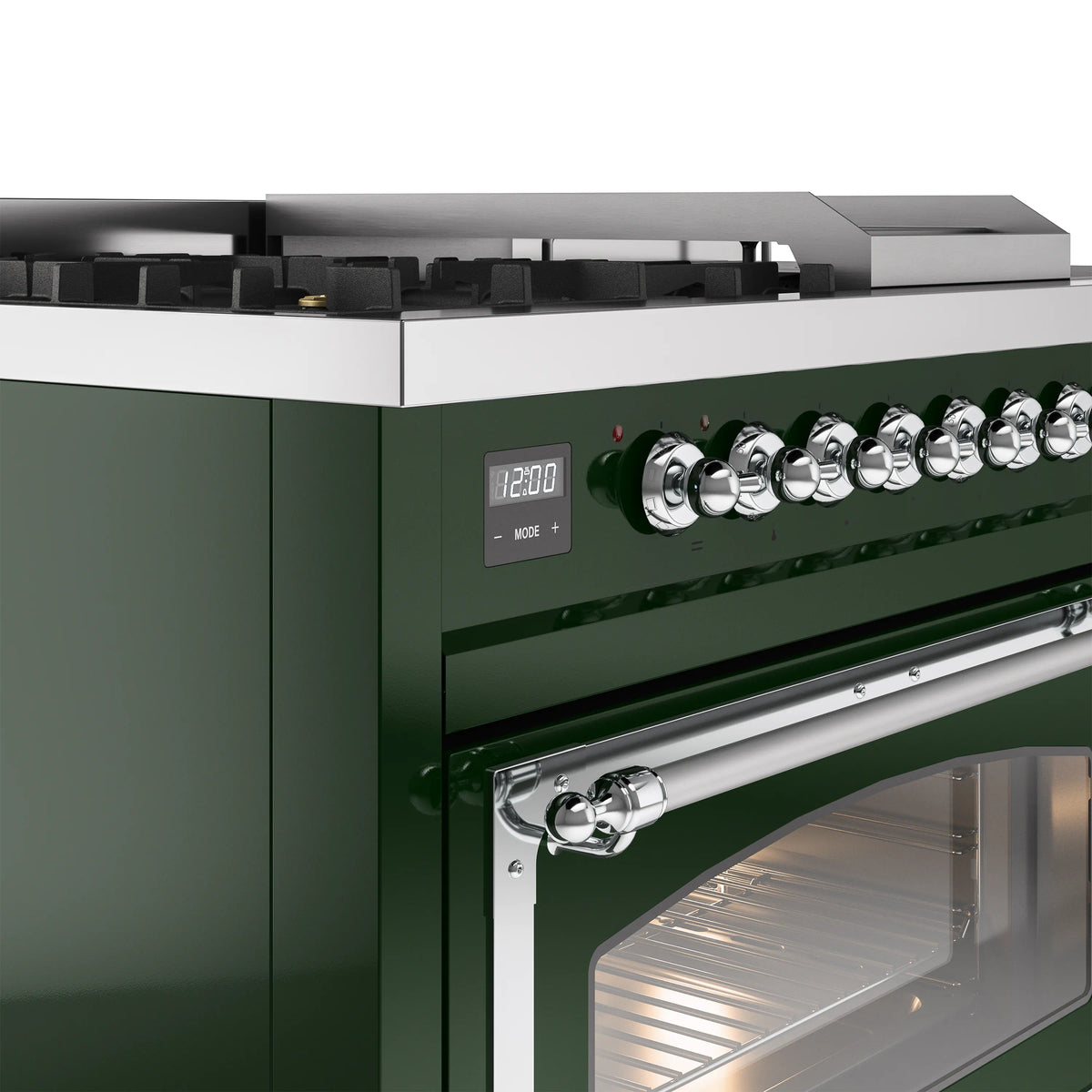 ILVE Nostalgie II Noblesse 48-Inch Natural Gas Dual Fuel Range with 5 Burners, Griddle, & French Top with Triple Glass Door Oven in Emerald Green with Chrome Trim (UN48FSNMPEGC)