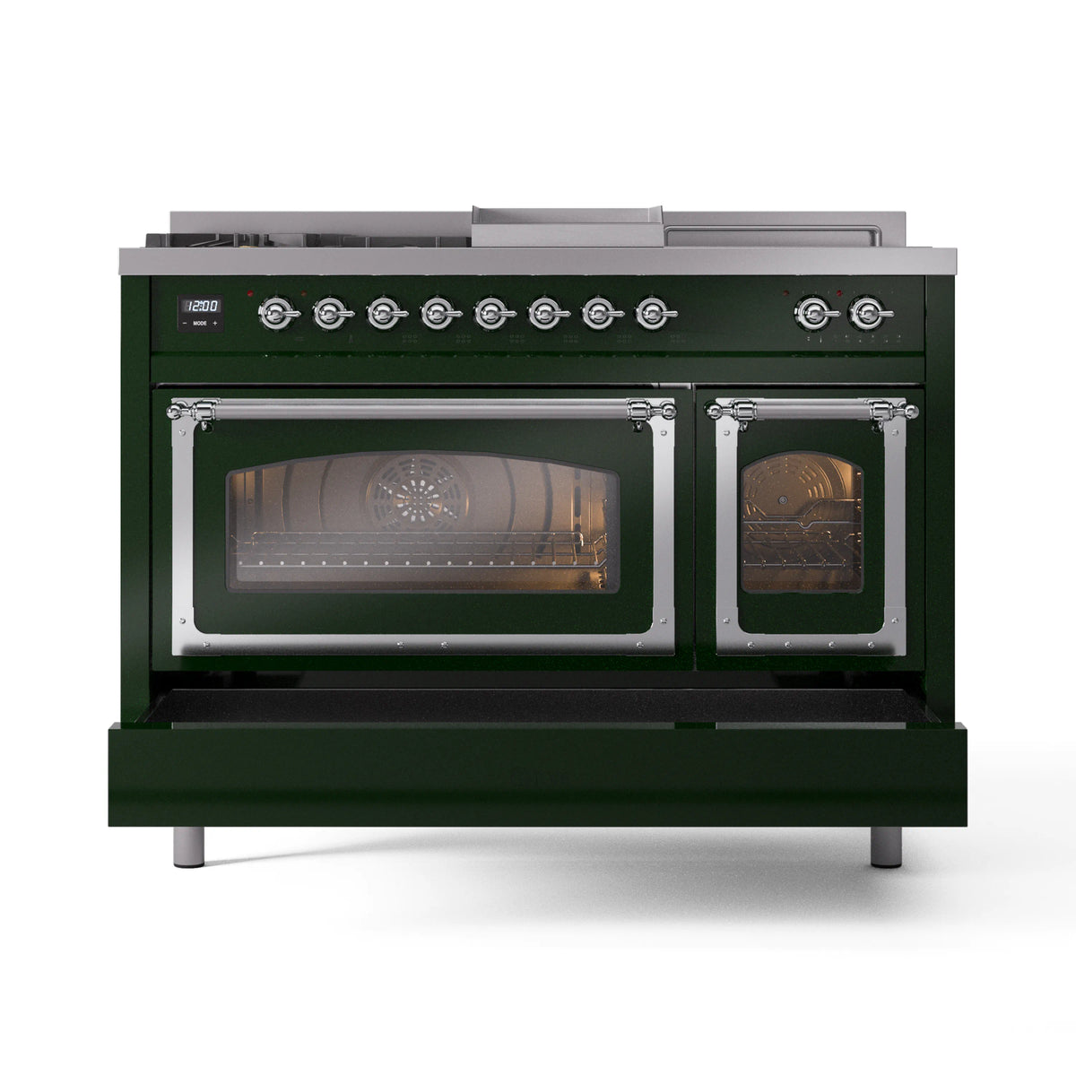 ILVE Nostalgie II Noblesse 48-Inch Propane Gas Dual Fuel Range with 5 Burners, Griddle, & French Top with Triple Glass Door Oven in Emerald Green with Chrome Trim (UN48FSNMPEGCLP)