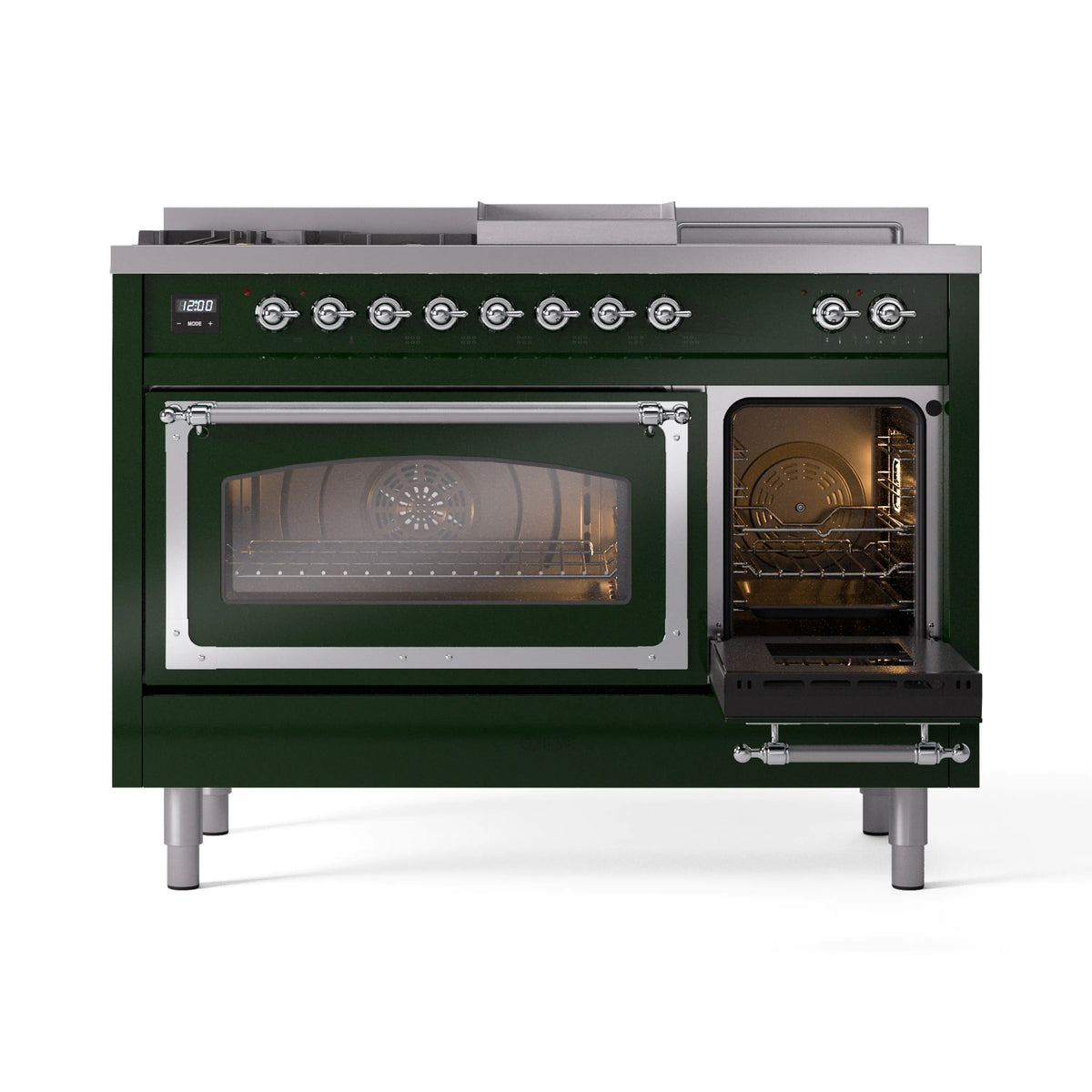 ILVE Nostalgie II Noblesse 48-Inch Propane Gas Dual Fuel Range with 5 Burners, Griddle, & French Top with Triple Glass Door Oven in Emerald Green with Chrome Trim (UN48FSNMPEGCLP)