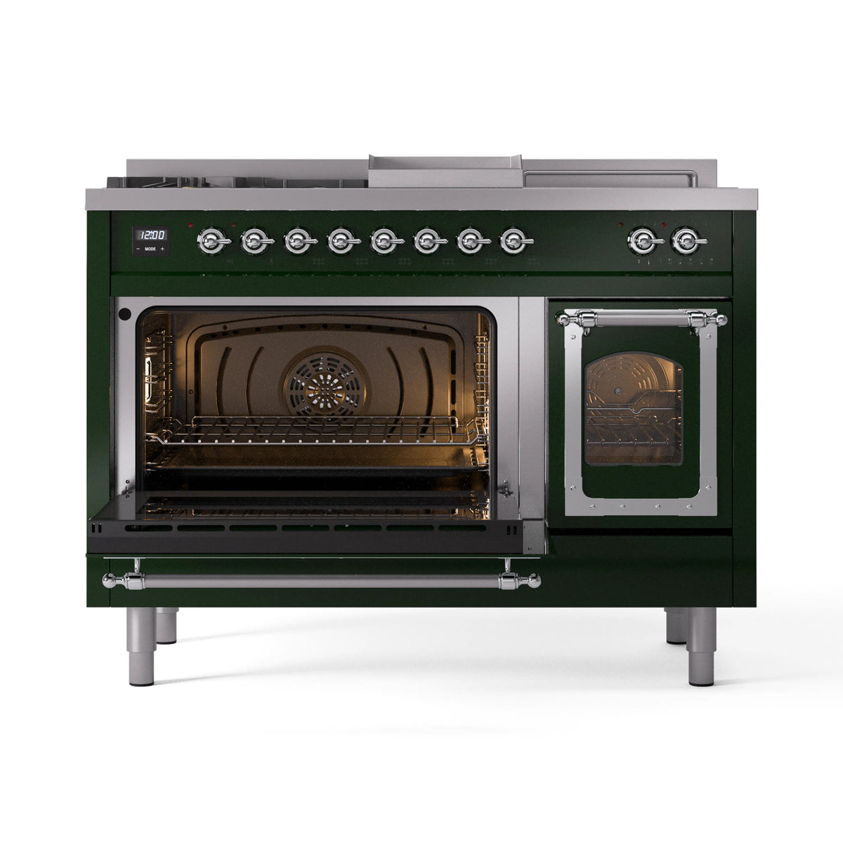 ILVE Nostalgie II Noblesse 48-Inch Propane Gas Dual Fuel Range with 5 Burners, Griddle, & French Top with Triple Glass Door Oven in Emerald Green with Chrome Trim (UN48FSNMPEGCLP)