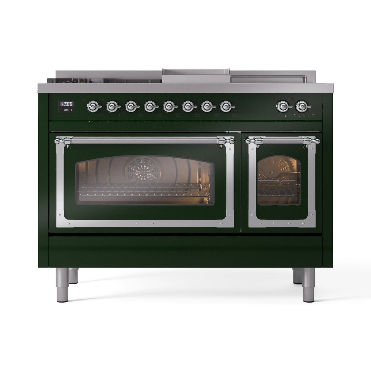 ILVE Nostalgie II Noblesse 48-Inch Propane Gas Dual Fuel Range with 5 Burners, Griddle, & French Top with Triple Glass Door Oven in Emerald Green with Chrome Trim (UN48FSNMPEGCLP)