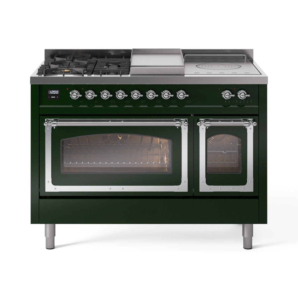 ILVE Nostalgie II Noblesse 48-Inch Propane Gas Dual Fuel Range with 5 Burners, Griddle, & French Top with Triple Glass Door Oven in Emerald Green with Chrome Trim (UN48FSNMPEGCLP)