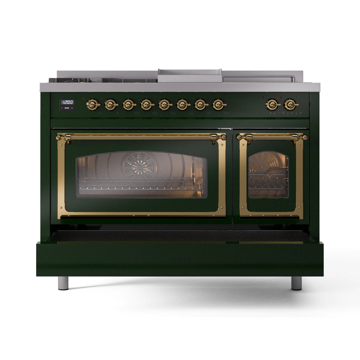 ILVE Nostalgie II Noblesse 48-Inch Propane Gas Dual Fuel Range with 5 Burners, Griddle, & French Top with Triple Glass Door Oven in Emerald Green with Brass Trim (UN48FSNMPEGGLP)