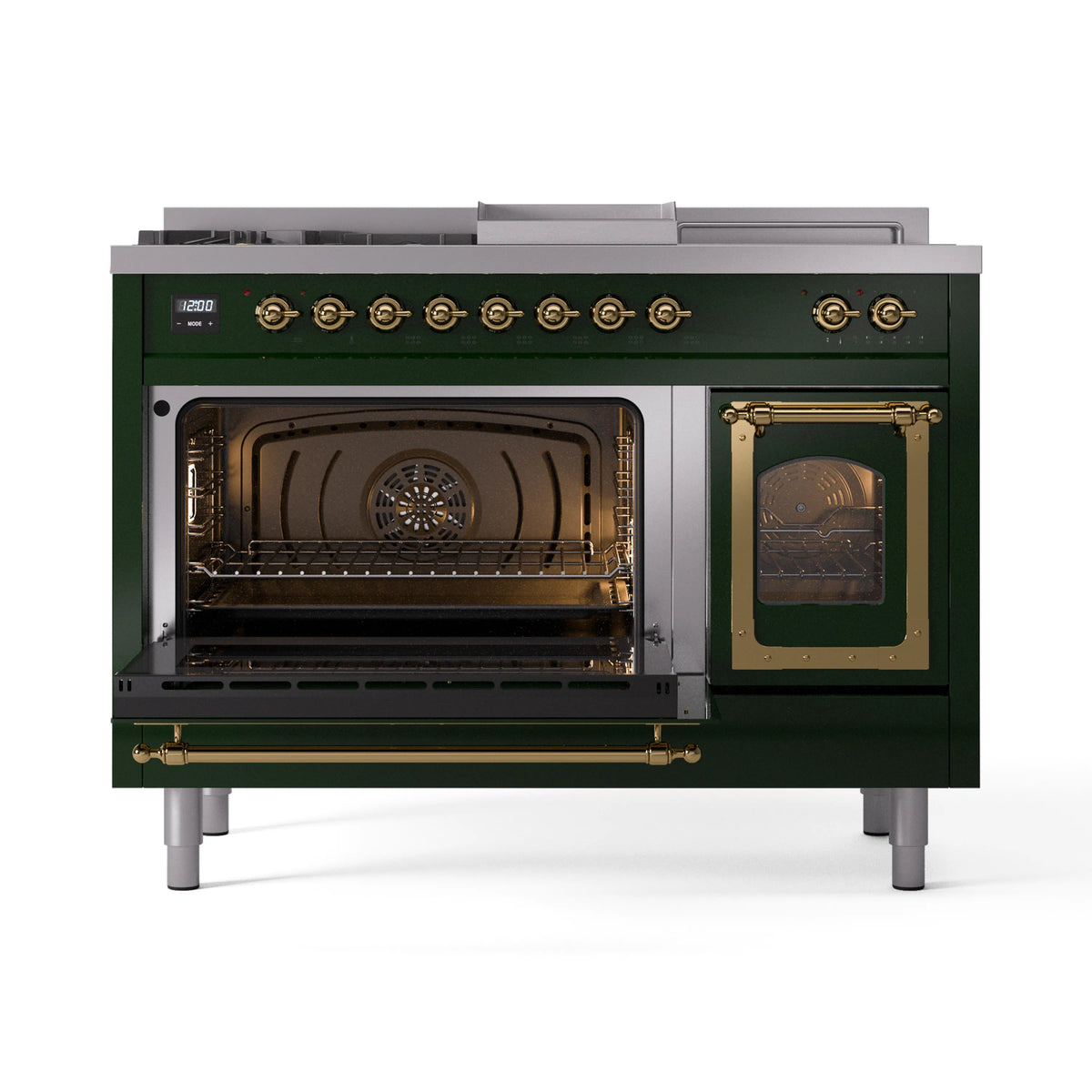 ILVE Nostalgie II Noblesse 48-Inch Propane Gas Dual Fuel Range with 5 Burners, Griddle, & French Top with Triple Glass Door Oven in Emerald Green with Brass Trim (UN48FSNMPEGGLP)