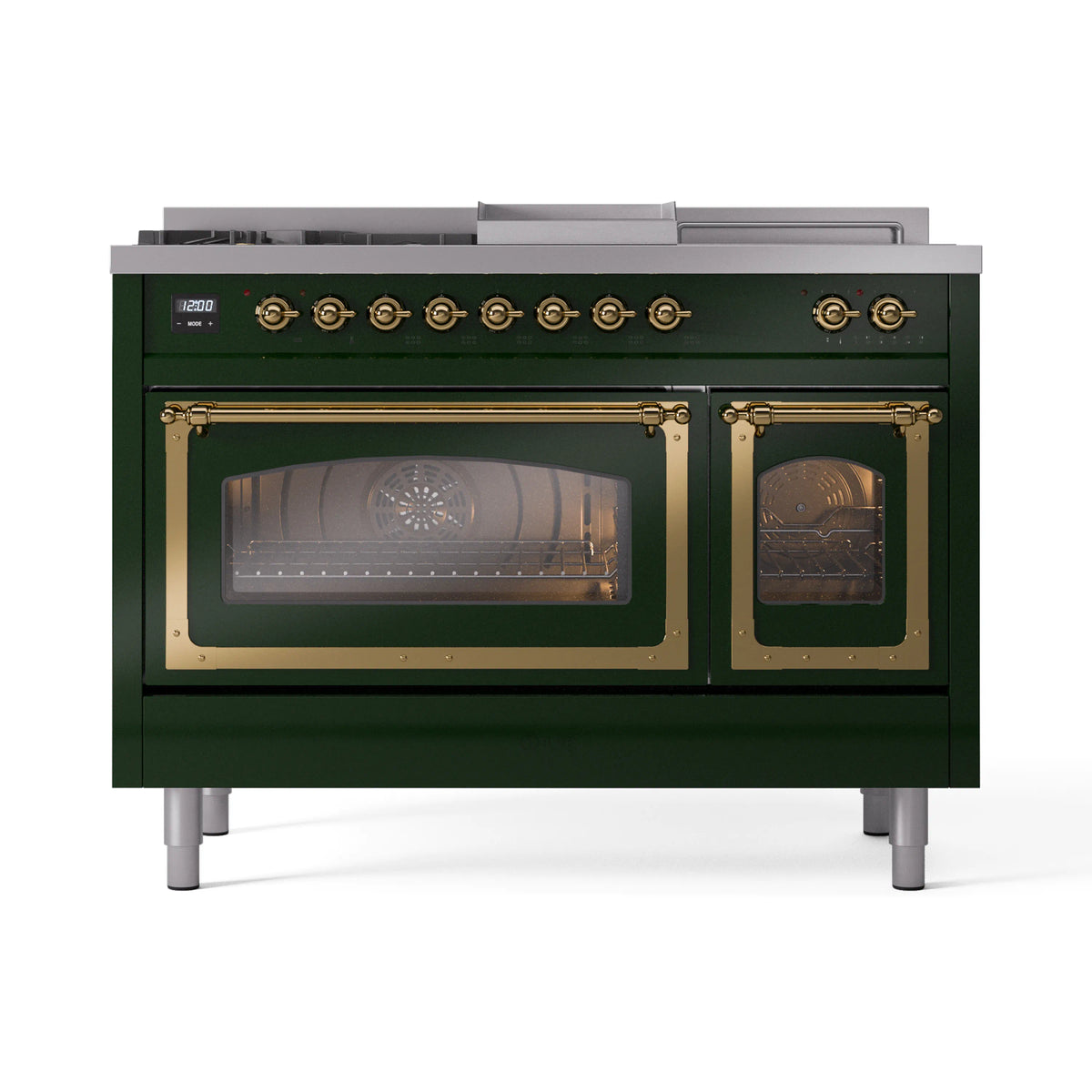 ILVE Nostalgie II Noblesse 48-Inch Propane Gas Dual Fuel Range with 5 Burners, Griddle, & French Top with Triple Glass Door Oven in Emerald Green with Brass Trim (UN48FSNMPEGGLP)