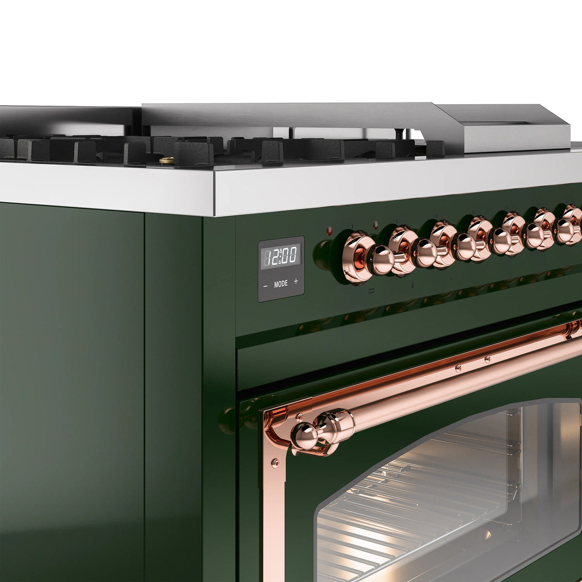 ILVE Nostalgie II Noblesse 48-Inch Natural Gas Dual Fuel Range with 5 Burners, Griddle, & French Top with Triple Glass Door Oven in Emerald Green with Copper Trim (UN48FSNMPEGP)