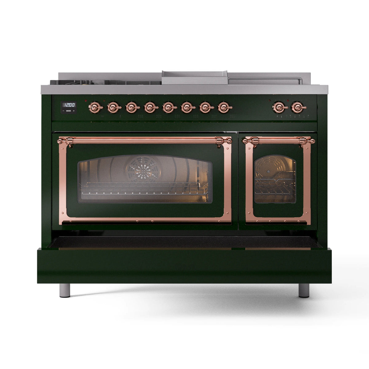 ILVE Nostalgie II Noblesse 48-Inch Propane Gas Dual Fuel Range with 5 Burners, Griddle, & French Top with Triple Glass Door Oven in Emerald Green with Copper Trim (UN48FSNMPEGPLP)