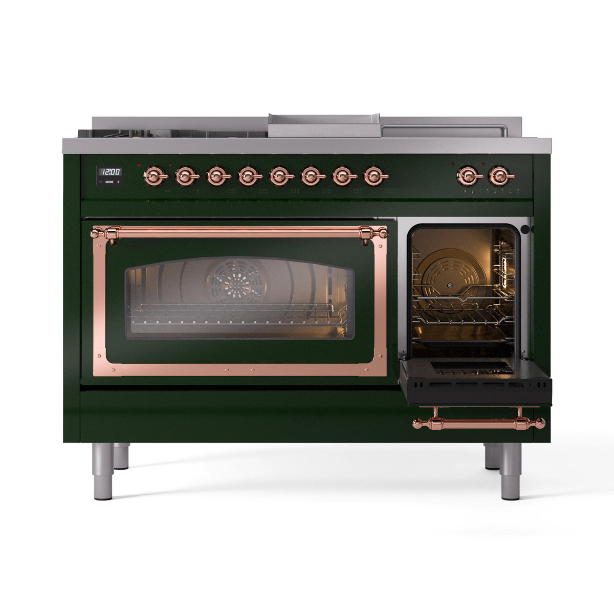 ILVE Nostalgie II Noblesse 48-Inch Propane Gas Dual Fuel Range with 5 Burners, Griddle, & French Top with Triple Glass Door Oven in Emerald Green with Copper Trim (UN48FSNMPEGPLP)