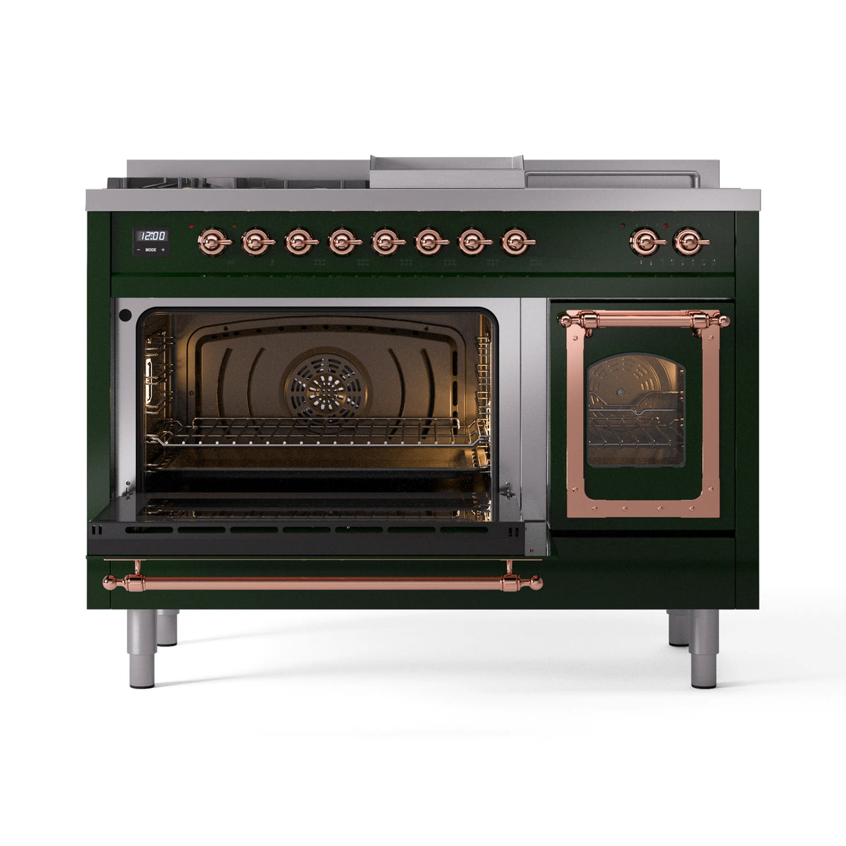 ILVE Nostalgie II Noblesse 48-Inch Propane Gas Dual Fuel Range with 5 Burners, Griddle, & French Top with Triple Glass Door Oven in Emerald Green with Copper Trim (UN48FSNMPEGPLP)