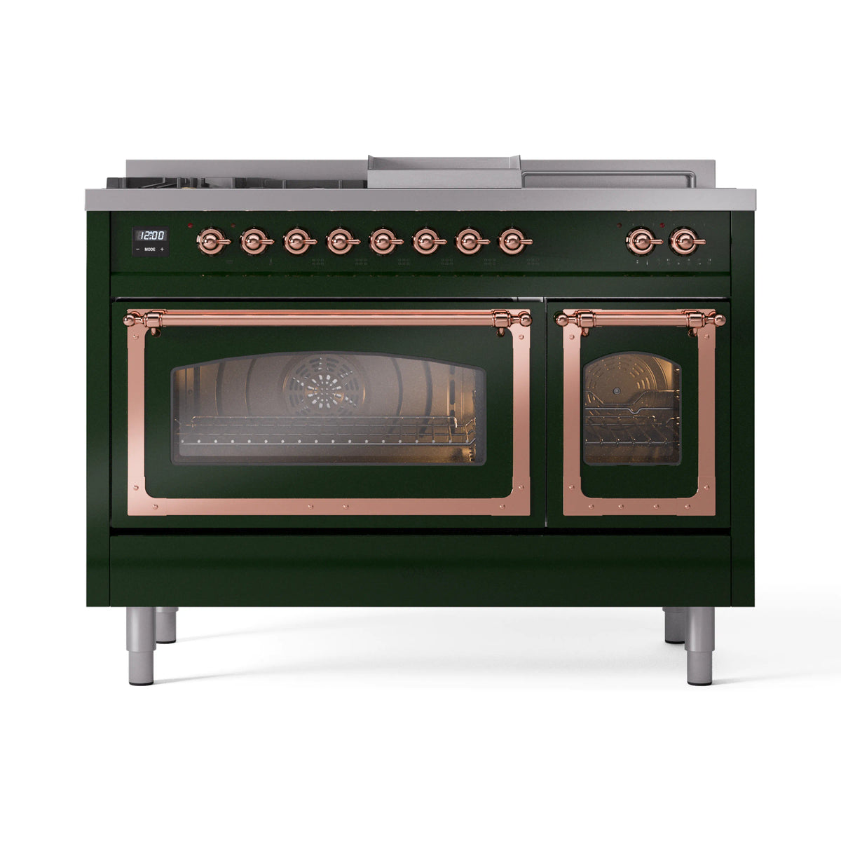 ILVE Nostalgie II Noblesse 48-Inch Propane Gas Dual Fuel Range with 5 Burners, Griddle, & French Top with Triple Glass Door Oven in Emerald Green with Copper Trim (UN48FSNMPEGPLP)