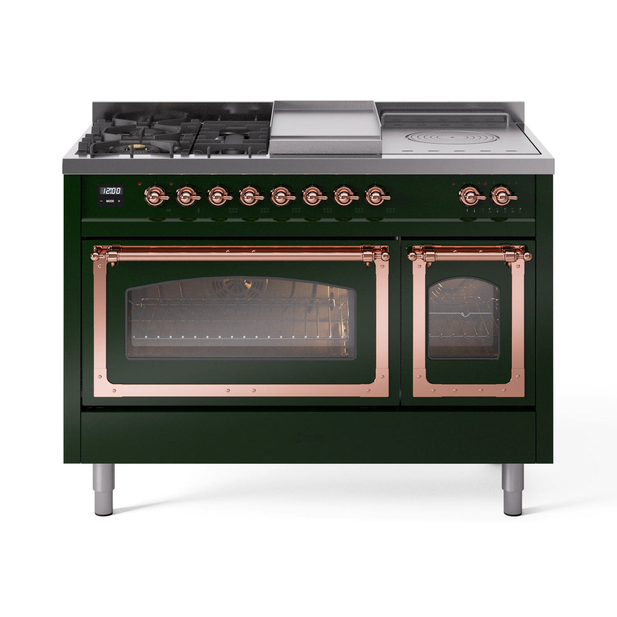 ILVE Nostalgie II Noblesse 48-Inch Propane Gas Dual Fuel Range with 5 Burners, Griddle, & French Top with Triple Glass Door Oven in Emerald Green with Copper Trim (UN48FSNMPEGPLP)