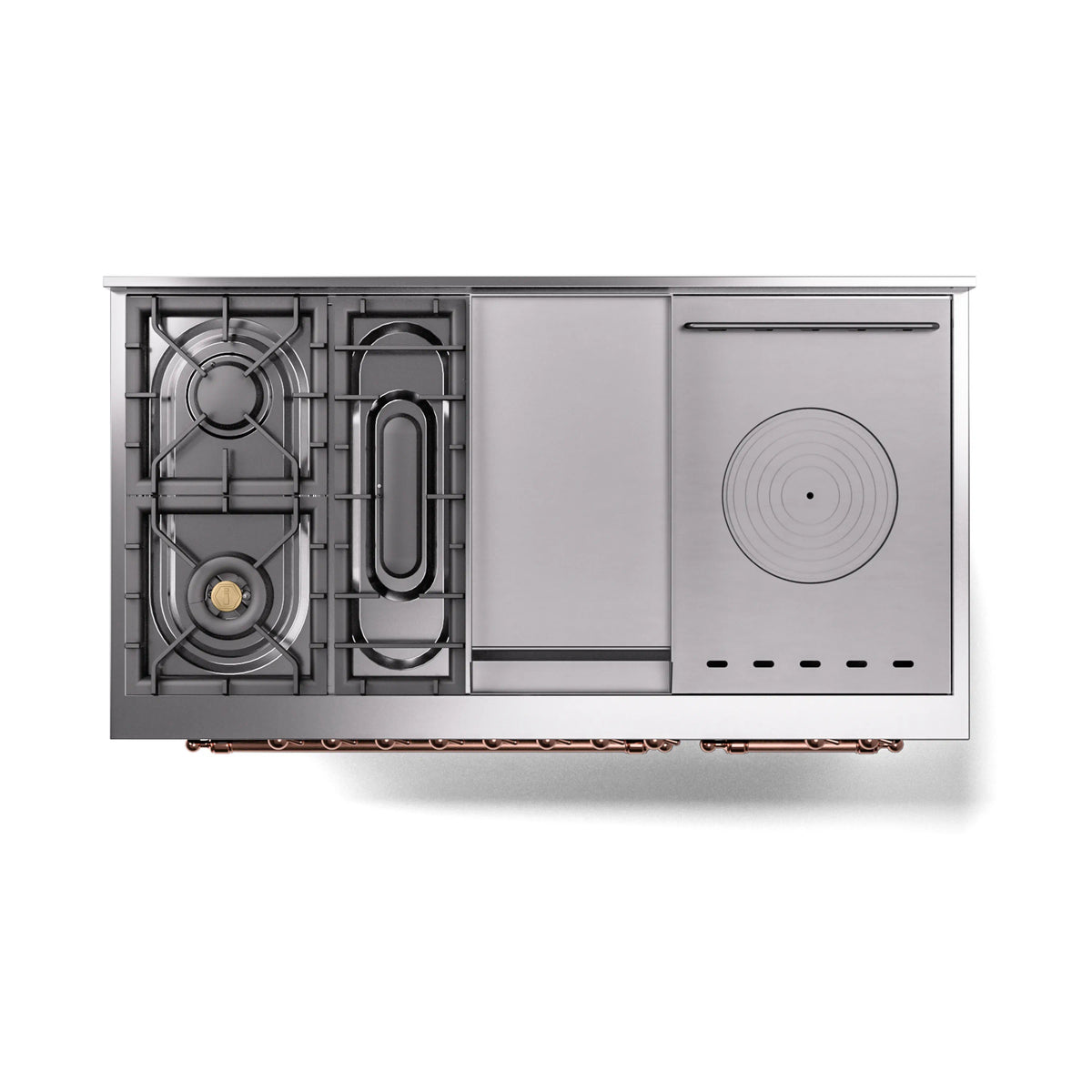 ILVE Nostalgie II Noblesse 48-Inch Propane Gas Dual Fuel Range with 5 Burners, Griddle, & French Top with Triple Glass Door Oven in Emerald Green with Copper Trim (UN48FSNMPEGPLP)