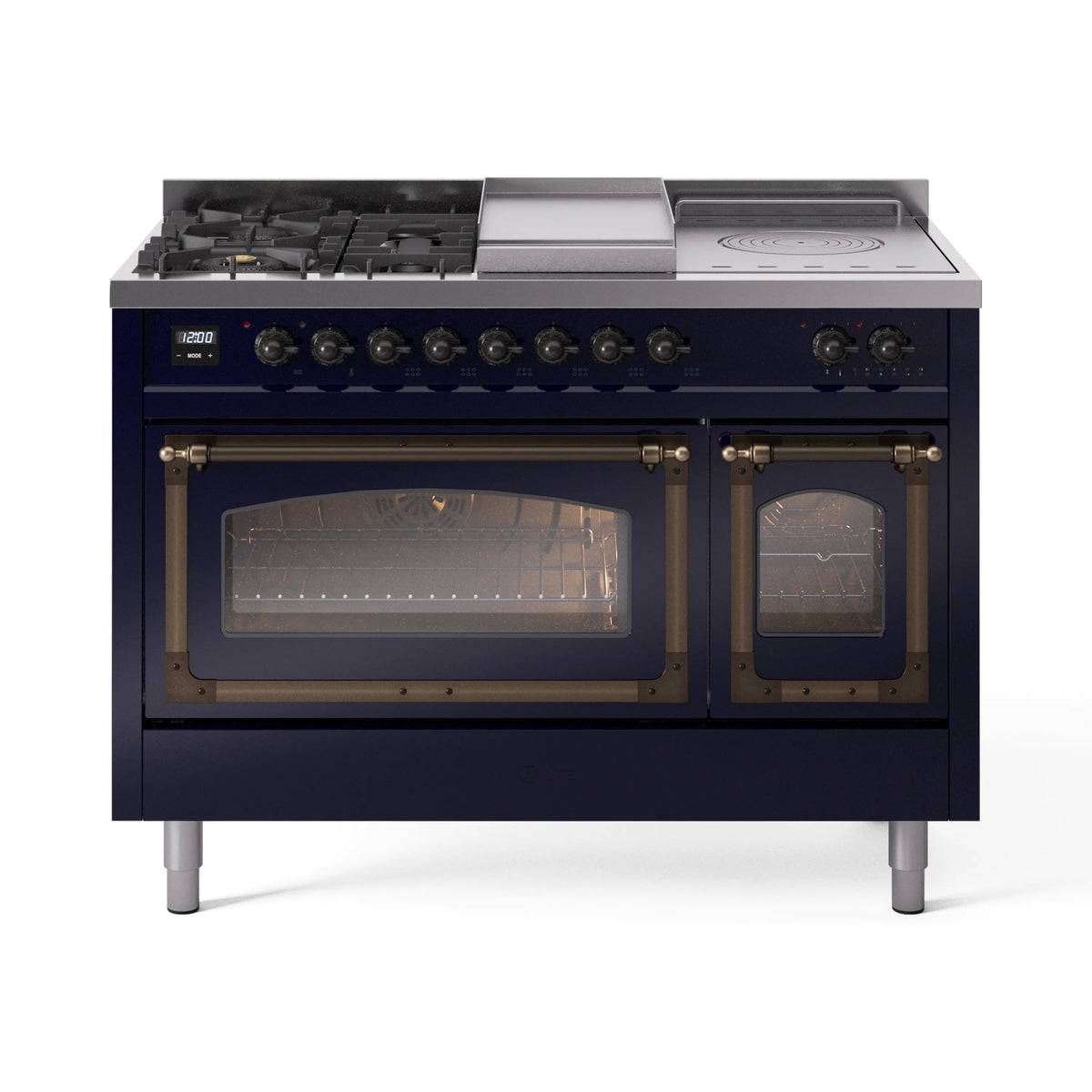 ILVE Nostalgie II Noblesse 48-Inch LP Dual Fuel Range, 5 Burners, Griddle, Midnight Blue with Burnished Bronze Trim (UN48FSNMPMBBLP)
