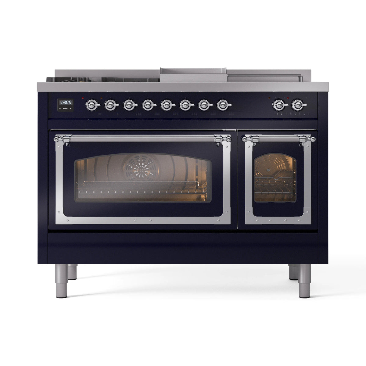 ILVE Nostalgie II Noblesse 48-Inch NG Dual Fuel Range, 5 Burners, Griddle, French Top, Midnight Blue with Chrome Trim (UN48FSNMPMBC)