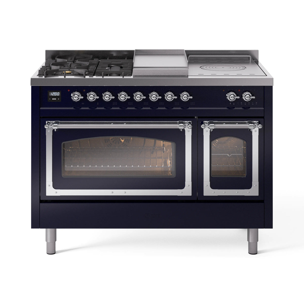ILVE Nostalgie II Noblesse 48-Inch NG Dual Fuel Range, 5 Burners, Griddle, French Top, Midnight Blue with Chrome Trim (UN48FSNMPMBC)