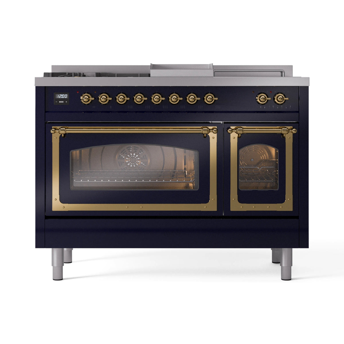 ILVE Nostalgie II Noblesse 48-Inch LP Dual Fuel Range, 5 Burners, Griddle, French Top, Midnight Blue with Brass Trim (UN48FSNMPMBGLP)