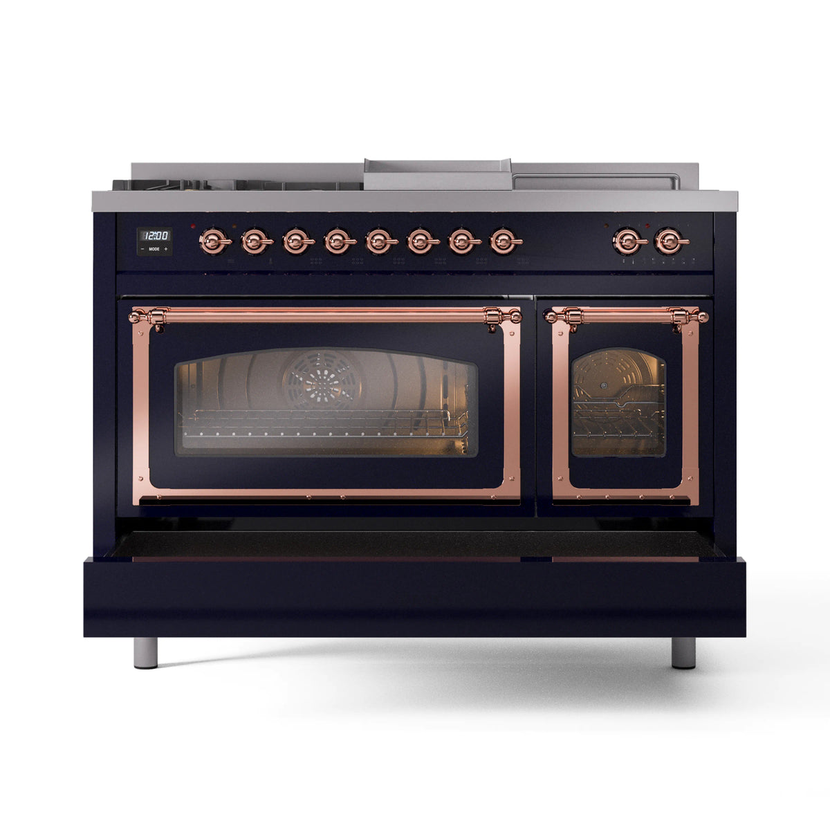 ILVE Nostalgie II Noblesse 48-Inch Freestanding Natural Gas Dual Fuel Range with Triple Glass Door Oven in Midnight Blue with Copper Trim (UN48FSNMPMBP)