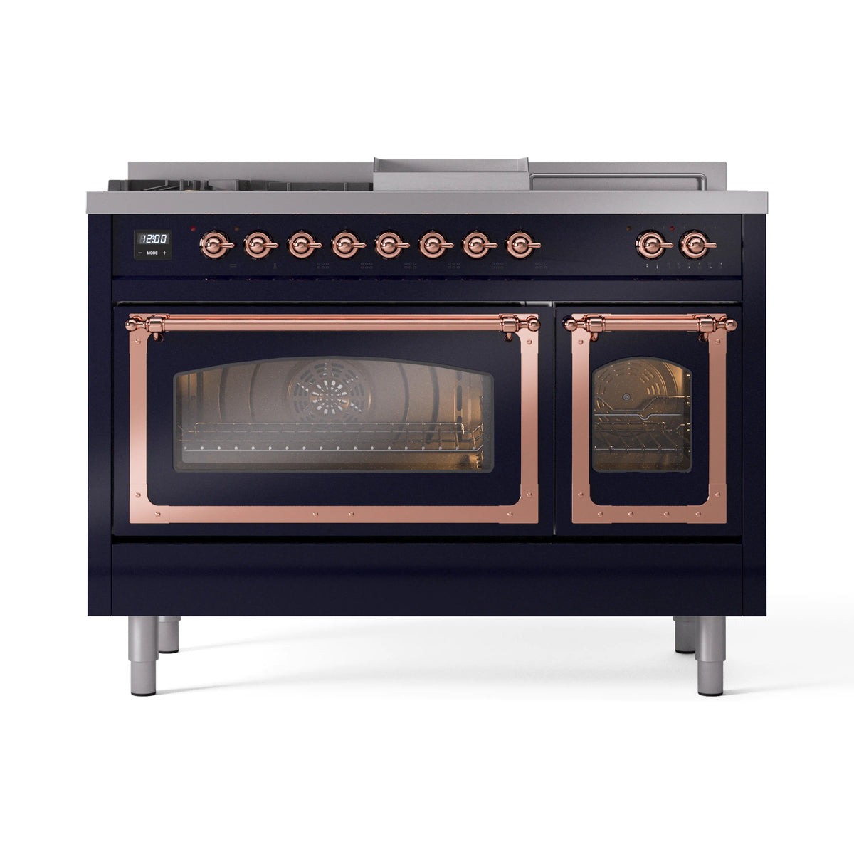 ILVE Nostalgie II Noblesse 48-Inch Freestanding Dual Fuel Range, Triple Glass Door, Midnight Blue with Copper Trim (UN48FSNMPMBPLP)