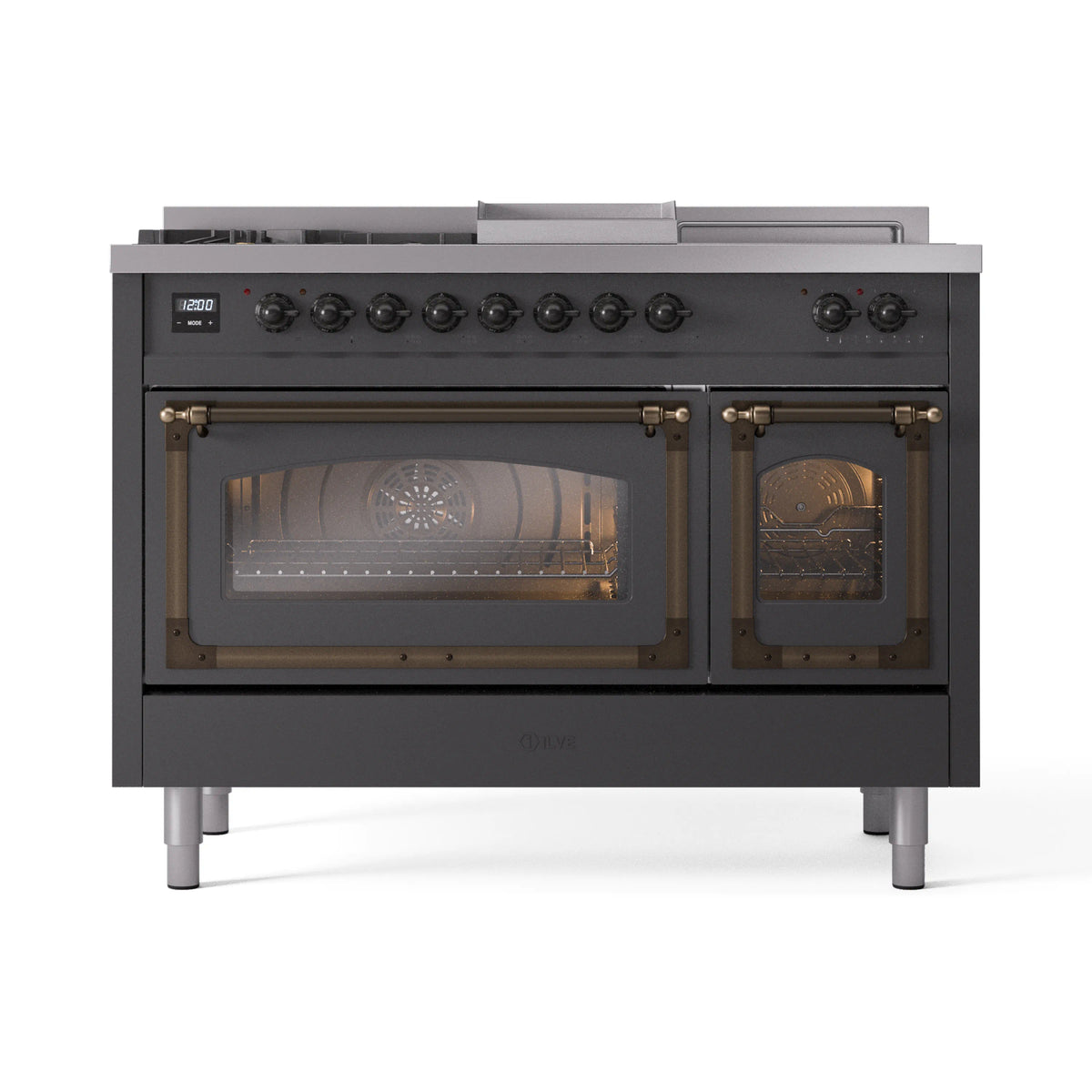 ILVE Nostalgie II Noblesse 48-Inch LP Dual Fuel Range, 5 Burners, Griddle, Matte Graphite with Burnished Bronze Trim (UN48FSNMPMGBLP)