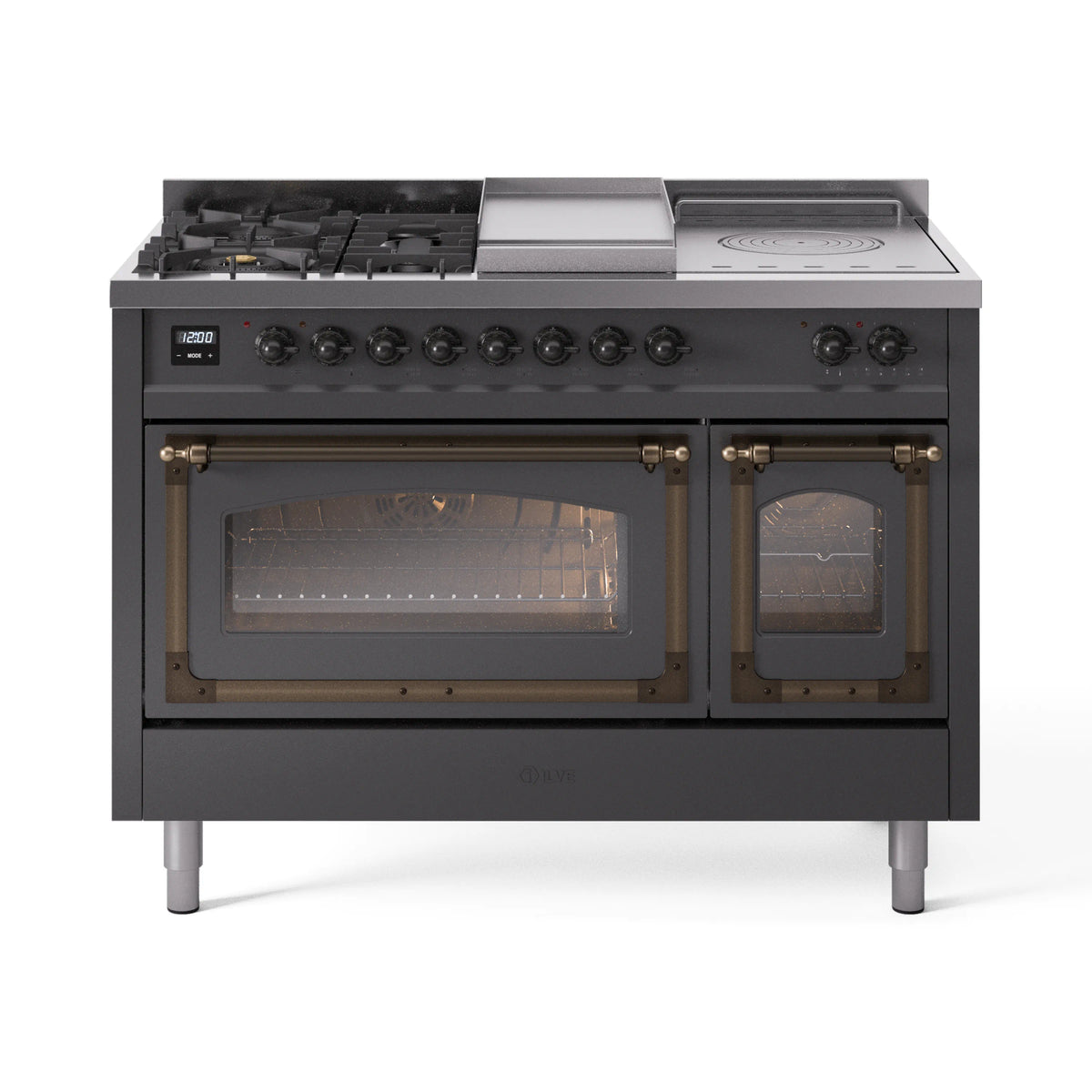 ILVE Nostalgie II Noblesse 48-Inch NG Dual Fuel Range, 5 Burners, Griddle, French Top, Matte Graphite with Burnished Bronze Trim (UN48FSNMPMGB)