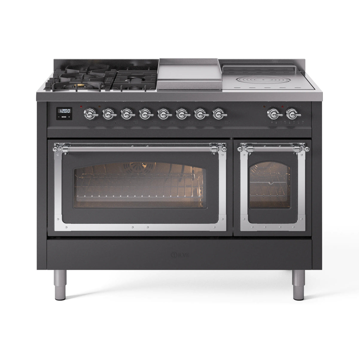 ILVE Nostalgie II Noblesse 48-Inch Dual Fuel Range, 5 Burners, Griddle, French Top, Matte Graphite with Chrome Trim (UN48FSNMPMGC)