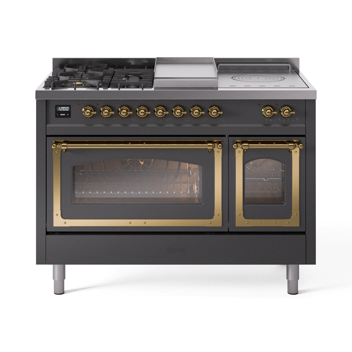 ILVE Nostalgie II Noblesse 48-Inch LP Dual Fuel Range, 5 Burners, Griddle, French Top, Matte Graphite with Brass Trim (UN48FSNMPMGGLP)