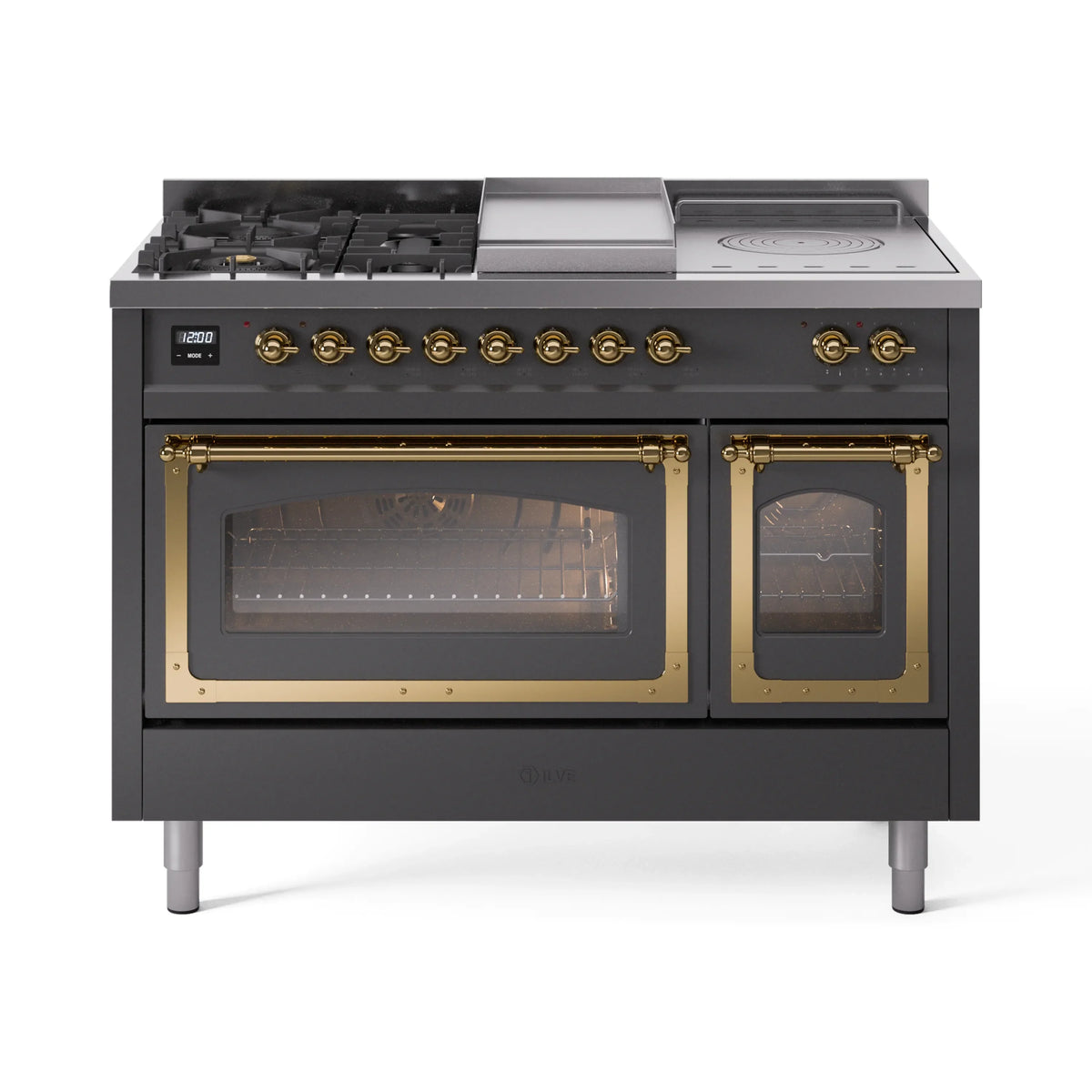 ILVE Nostalgie II Noblesse 48-Inch NG Dual Fuel Range, 5 Burners, Griddle, French Top, Matte Graphite with Brass Trim (UN48FSNMPMGG)