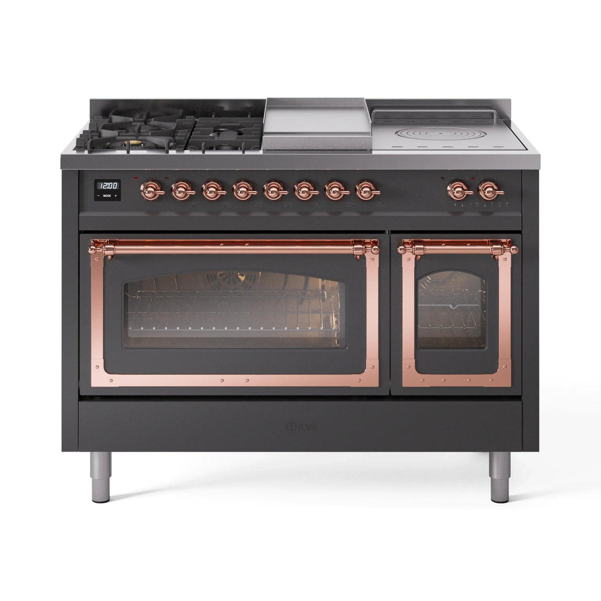 ILVE Nostalgie II Noblesse 48-Inch NG Dual Fuel Range, 5 Burners, Griddle, French Top, Matte Graphite with Copper Trim (UN48FSNMPMGP)