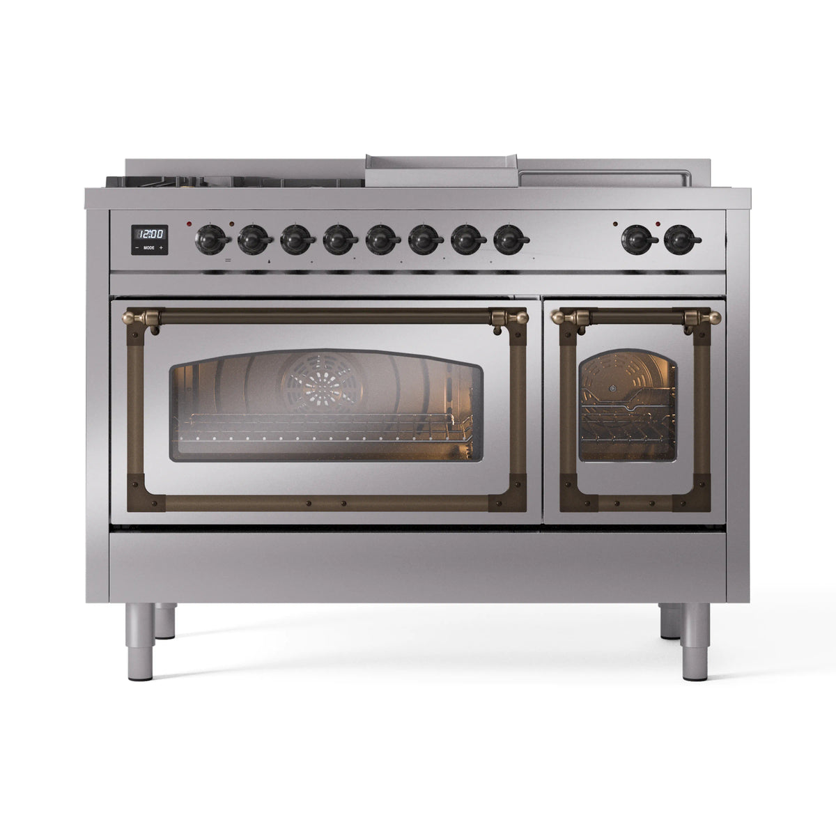 ILVE Nostalgie II Noblesse 48-Inch Dual Fuel Range, 5 Burners, Griddle, French Top, Stainless Steel with Burnished Bronze Trim (UN48FSNMPSSB)
